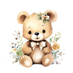 Transparent watercolor teddy bear clipart on white background