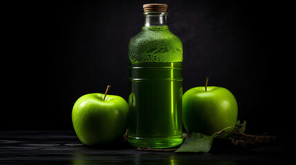Green apple juice in a bottle on dark background