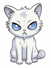 Angry white Kitten sticker in cartoon style on white background isolated, AI