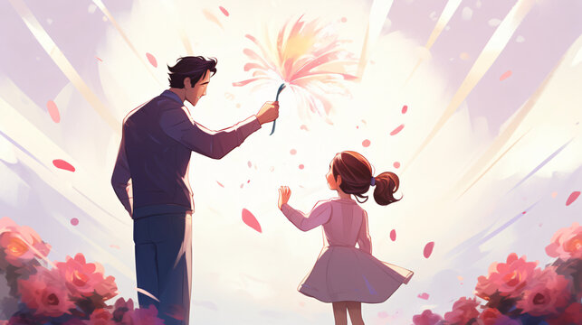 Daughter giving flower to father