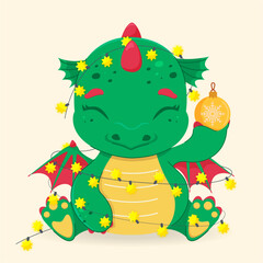 Fototapeta premium Colorful, cute, green baby dragon in a New Year's glowing garland and with a Christmas tree toy. Mythical animal. Year of the Dragon Symbol of 2024. Vector, bright illustration in cartoon style.