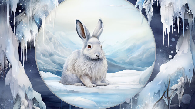 Arctic hare in winter scene watercolor ornament, surrounded by icy crystals Ai Generative