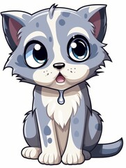 Cartoon sticker grey and white hungry kitten on white background isolated, AI