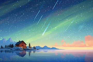 aurora phenomenon with meteor shower - obrazy, fototapety, plakaty