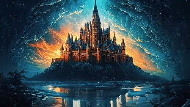 Dark Knight fantasy era castle. Oil paintings. Created with Generative AI.	