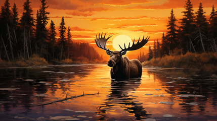 Moose in the water at sunset
