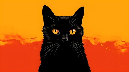 Obraz premium Black cat on orange background minimal cartoon Halloween spooky wallpaper landscape