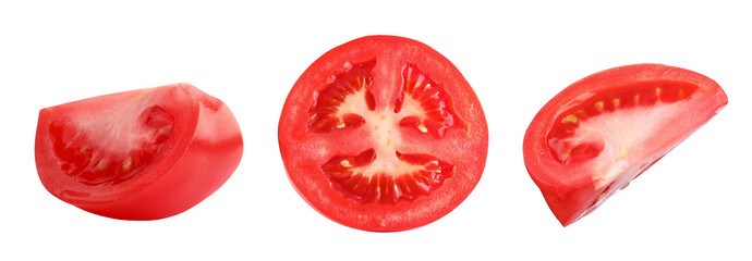 Cut fresh ripe tomatoes isolated on white, set