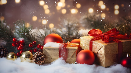 Obraz premium Box gold decorations on snow with gift boxes fir tree branches and christmas lights winter