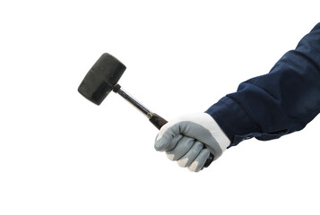 Hand of a worker with a rubber mallet in his hand isolated on a white background. 