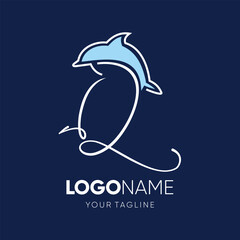 Lettering script Q with Dolphin Silhouette Logo Design Vector Icon Graphic Emblem Illustration