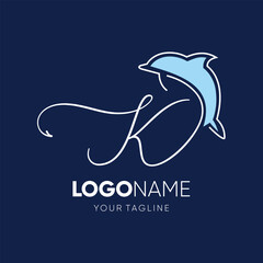 Lettering script K with Dolphin Silhouette Logo Design Vector Icon Graphic Emblem Illustration