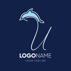 Lettering script U with Dolphin Silhouette Logo Design Vector Icon Graphic Emblem Illustration