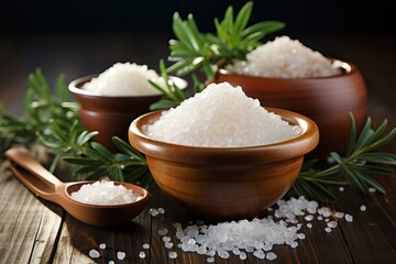 Obraz na płótnie Canvas White table salt in small bowls, ready for consumption.