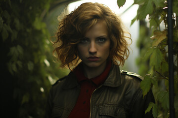 Stylish woman in red clothes with ivy around - obrazy, fototapety, plakaty