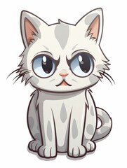 Cartoon sticker white hungry kitten on white background isolated, AI