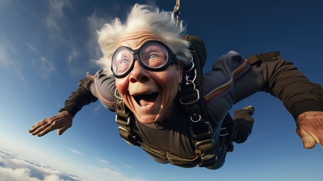 Senior woman is parachuting, jumping with a parachute