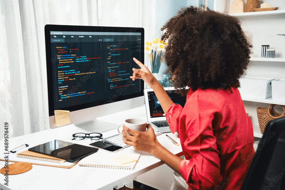 Poster young working african woman creating coding website developer, thinking data information designer at