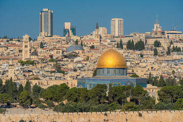 View of Jerusalem, Israel, featuring the shiny Dome of the Rock on the Temple Mount