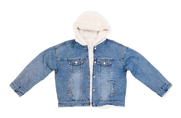 Beautiful women's blue denim jacket with white fur lining isolated on white background.