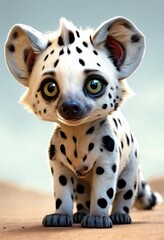 A cute white baby hyena  with black spots, big and cute eyes, animated, unreal cartoon, pure white background.