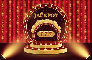 Casino jackpot podium. 3d retro casino podium. Podium with coins, slot machine and jackpot. Casino...