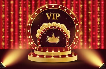 Casino vip podium. 3d retro casino podium. Podium with coins and crown. Casino scene, stage, studio or room.