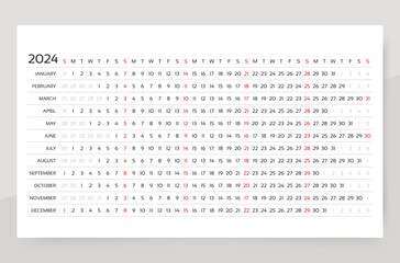 Calendar 2024 year. Linear planner template. Horizontal yearly calender with 12 months. Annual schedule layout. Table timetable grid. Week starts Sunday. Desk monthly organizer. Vector illustration