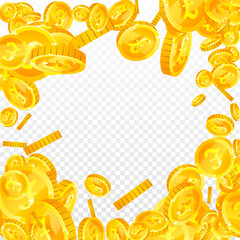 British pound coins falling. Scattered gold GBP