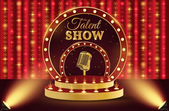 Show talent podium. 3d retro talent show podium with microphone. Show scene, stage, studio or room.