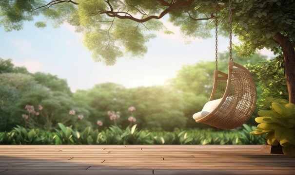 Old wooden terrace with wicker swing hang on the tree with blurry nature background 3d render, Generative AI