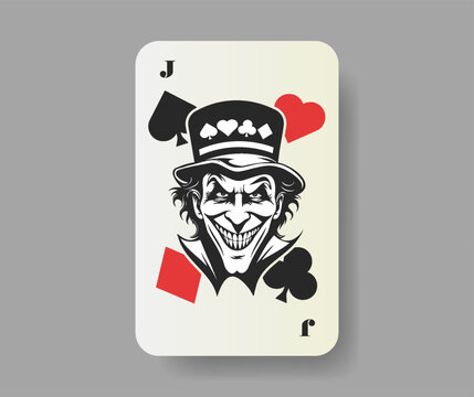 Vector playing card joker. Graphic black and white creepy wide smiling face of a sinister man in a crumpled hat. Disgusting portrait. Spades, hearts, diamonds and clubs.