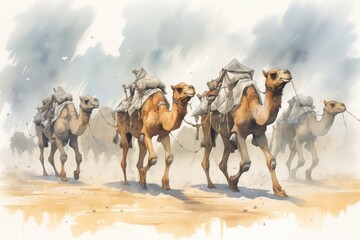 a herd of camels walking through a desert storm