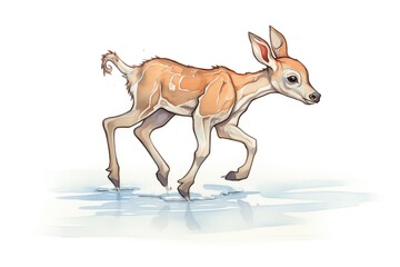 caribou calf learning to run on icy ground