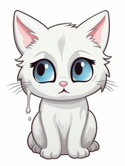 Cartoon sticker white hungry kitten on white background isolated, AI