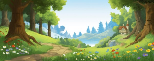 cartoon summer scene with meadow in the forest illustration for children, Generative AI