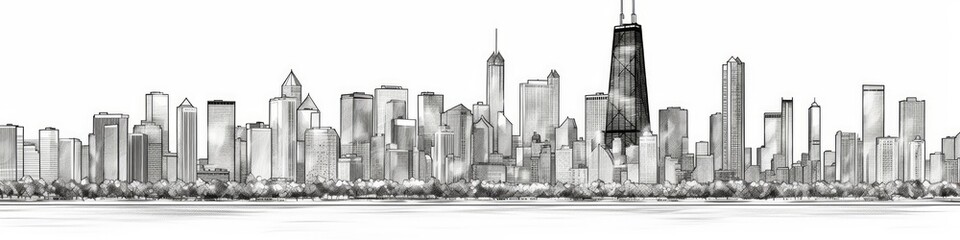 Hand drawn illustration. Panorama of the Chicago skyline. Detailed ink look and feel. Black and white, Generative AI