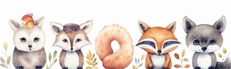 Watercolor set of forest cartoon isolated cute baby fox, deer, raccoon and owl animal with flowers. Nursery woodland illustration. Bohemian boho drawing for nursery poster, Generative AI - obrazy, fototapety, plakaty