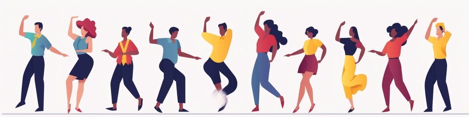 Dancing people. Group of young happy dancers or men and women isolated on a white background. Smiling young men and women enjoy a dance party. Flat style. Generative AI - obrazy, fototapety, plakaty