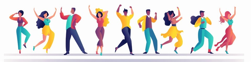Dancing people. Group of young happy dancers or men and women isolated on a white background. Smiling young men and women enjoy a dance party. Flat style. Generative AI - obrazy, fototapety, plakaty