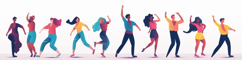 Dancing people. Group of young happy dancers or men and women isolated on a white background. Smiling young men and women enjoy a dance party. Flat style. Generative AI