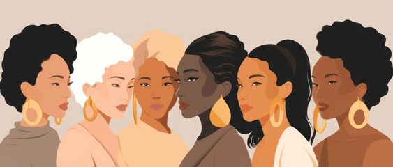 A group of women with big earrings. Sisterhood concept. Illustrations of 6 women with different skin color staying close to each other, Generative AI - obrazy, fototapety, plakaty