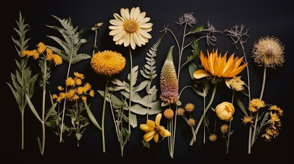 Herbarium of different flowers and plants on a dark background. Floral art.
 - obrazy, fototapety, plakaty