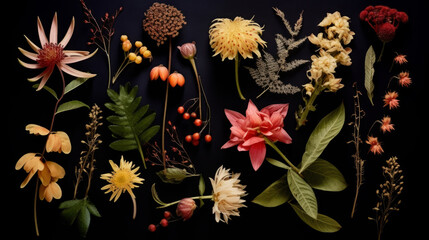 Herbarium of different flowers and plants on a dark background. Floral art.
 - obrazy, fototapety, plakaty