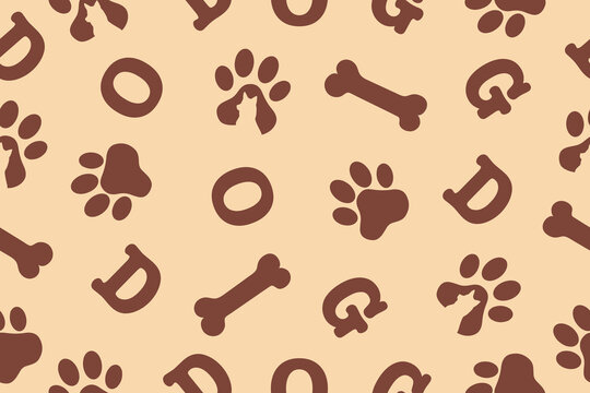 Seamless pattern. Background of the word dog and paw print. Vector illustration on a white background.