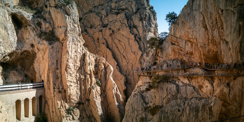 Train Passing Through El Caminito del Rey Tunnels and Cliffs