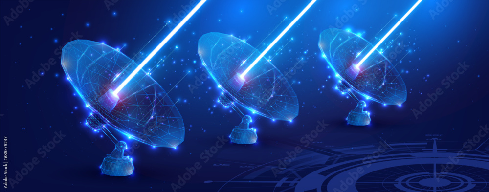 Poster Futuristic Satellite Communication Array Transmitting Data in Space. Astronomy. A large satellite dish transmits and receives a signal from space. Vector illustration 