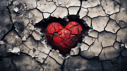 A red stone heart smashed in a cracked concrete ground as a symbol for a broken heart and lovesickness - obrazy, fototapety, plakaty