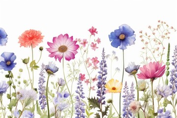 Beautiful floral summer seamless pattern with watercolor hand drawn field wild flowers. Stock illustration, Generative AI