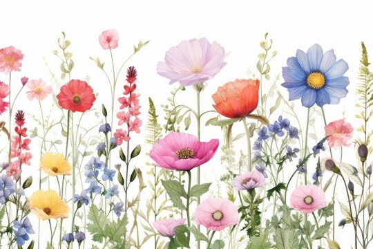 Beautiful floral summer seamless pattern with watercolor hand drawn field wild flowers. Stock illustration, Generative AI